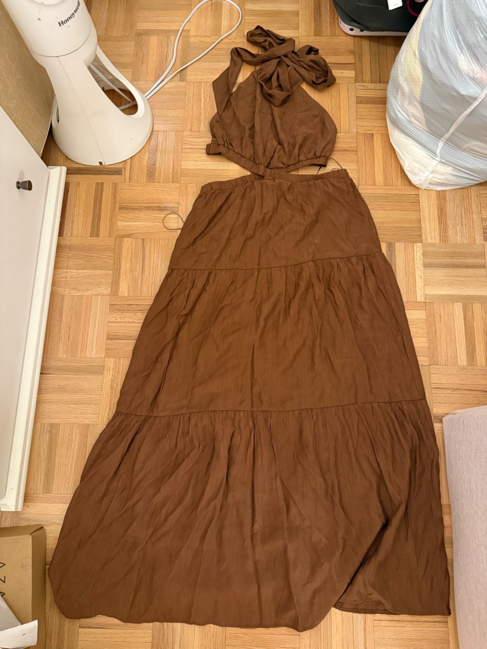 Vici Brown Tiered Maxi Dress with Halter Tie